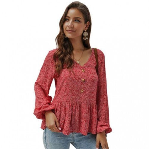 Scarlet Bloom V-Neck Blouse