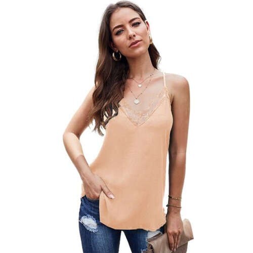 Apricot Elegance: Lace Detail Striped Slim-Fit Top