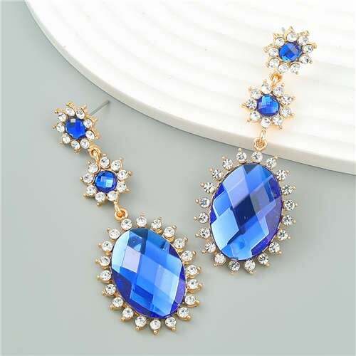 Regal Bloom: Vintage Blue Sunflower Pendant Earrings