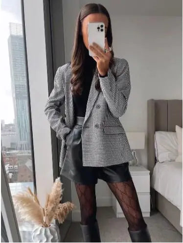 Double-Breasted Plaid Blazer — Structured Plaid Suit Jacket
