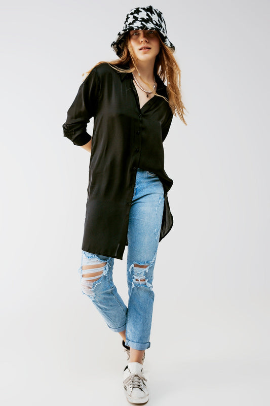 Long Sleeve Satin Button Front Shirt in Black