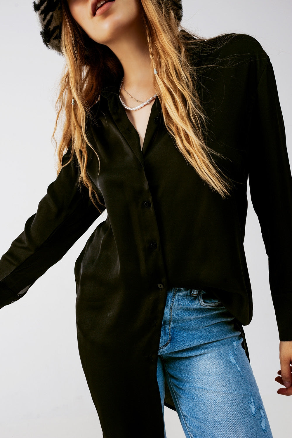 Long Sleeve Satin Button Front Shirt in Black