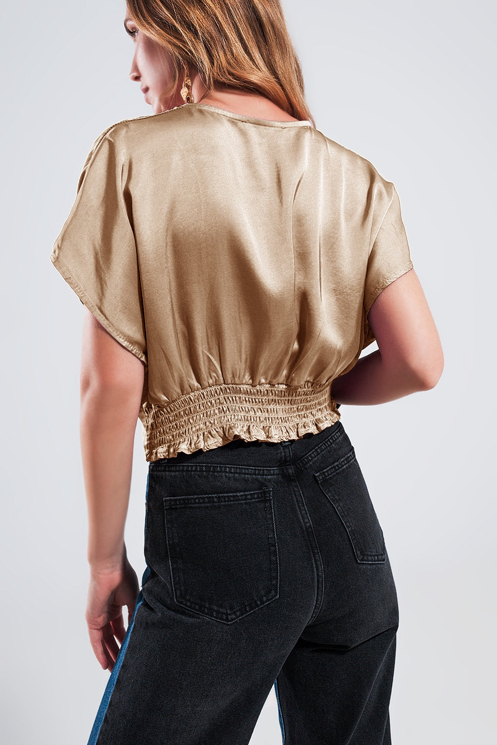 Short Sleeve Cropped Satin Top in Beige