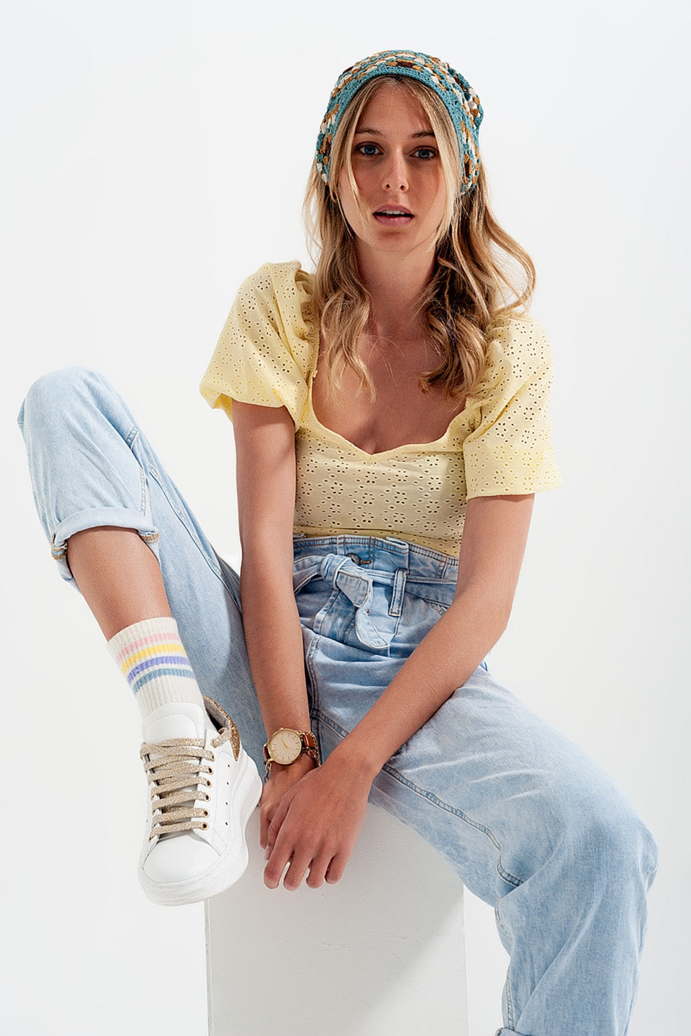 Boho Yellow Short Top with Puffed Sleeves in Batiste Fabric