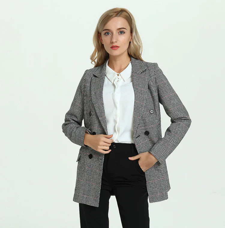 Double-Breasted Plaid Blazer — Structured Plaid Suit Jacket